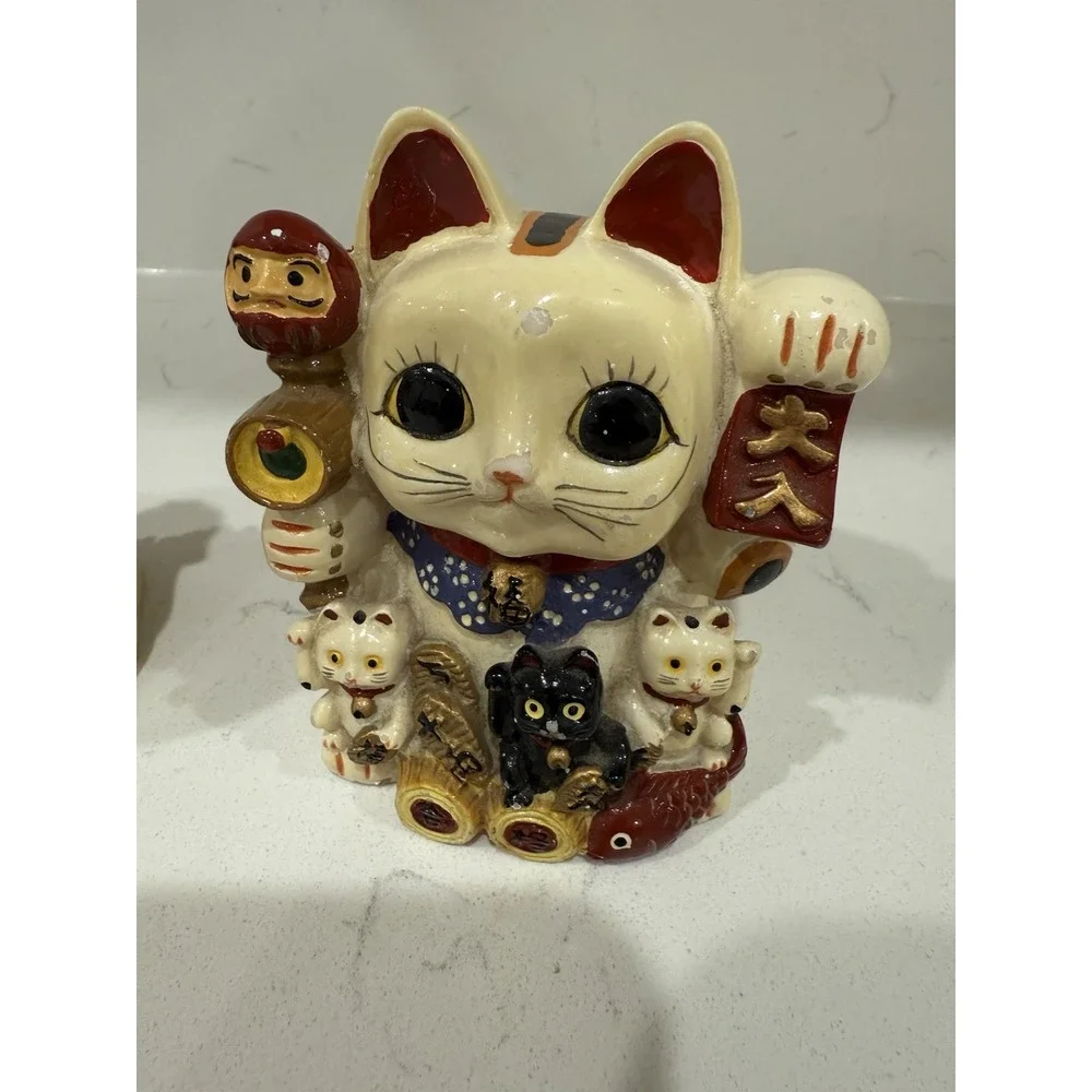 Lot Of 2 Japanese Maneki Neko Lucky Cat Coin Bank Koneko Ceramic 4